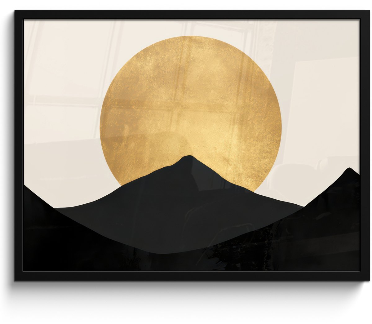 FrameYourWall Poster in lijst - Fotolijst 70x50 cm - Posters - Bergsilhouetten - Gouden cirkel - Beige - Posterlijst zwart - Decoratie - Wanddecoratie woonkamer - Muurdecoratie slaapkamer Bergsilhouetten - Cirkel