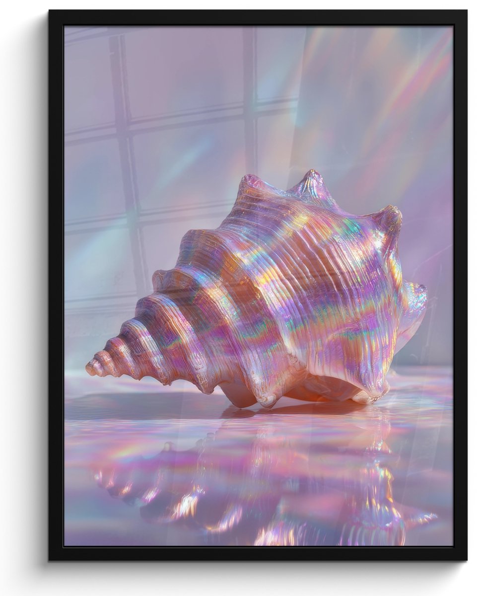 FrameYourWall Poster in lijst - Fotolijst 50x70 cm - Posters - Schelp - Glanzend - Regenboogtinten - Posterlijst zwart - Decoratie - Wanddecoratie woonkamer - Muurdecoratie slaapkamer
