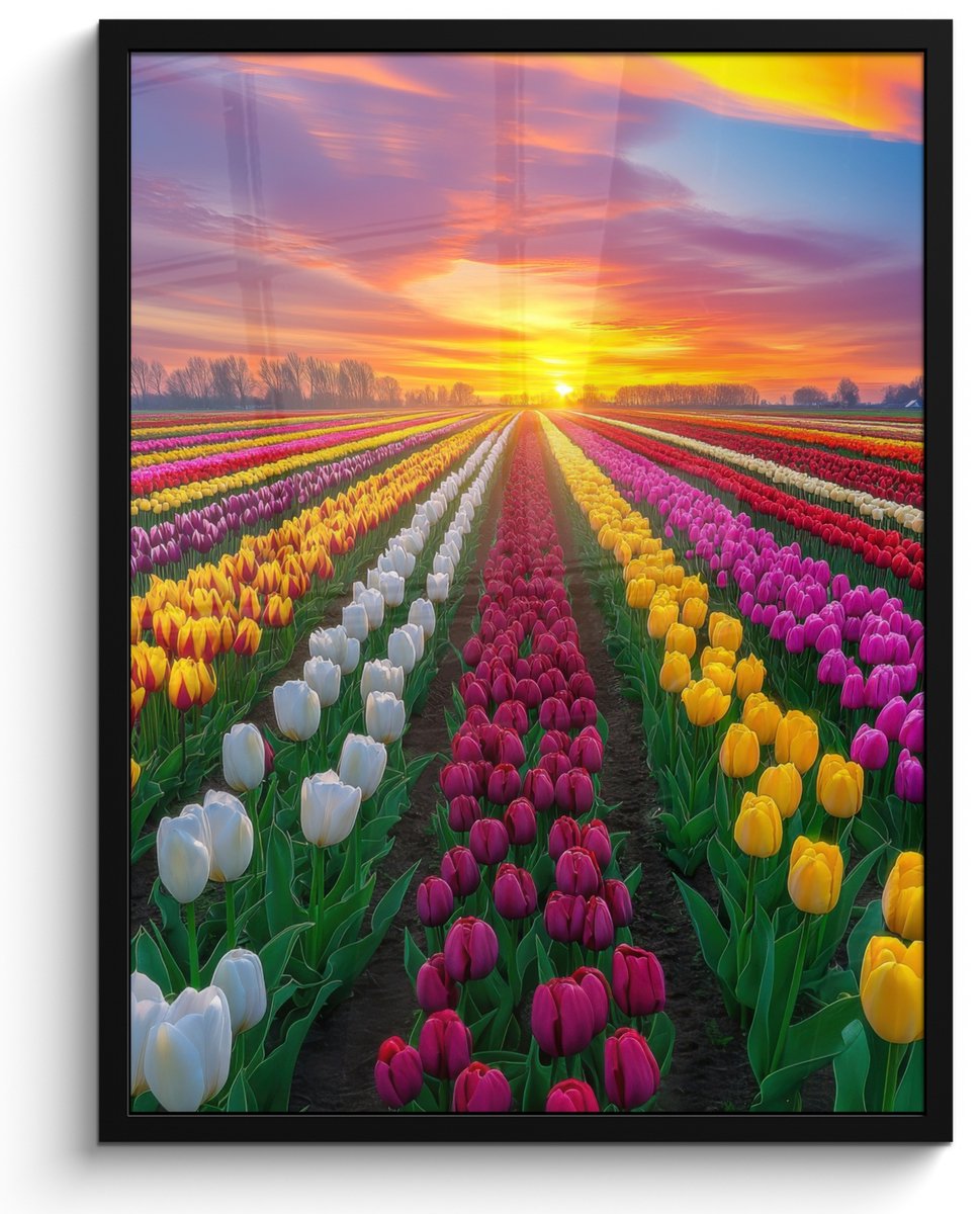 FrameYourWall Poster in lijst - Fotolijst 50x70 cm - Posters - Tulpenveld - Zonsondergang - Kleurrijk - Posterlijst zwart - Decoratie - Wanddecoratie woonkamer - Muurdecoratie slaapkamer Tulpen - Kleurrijk
