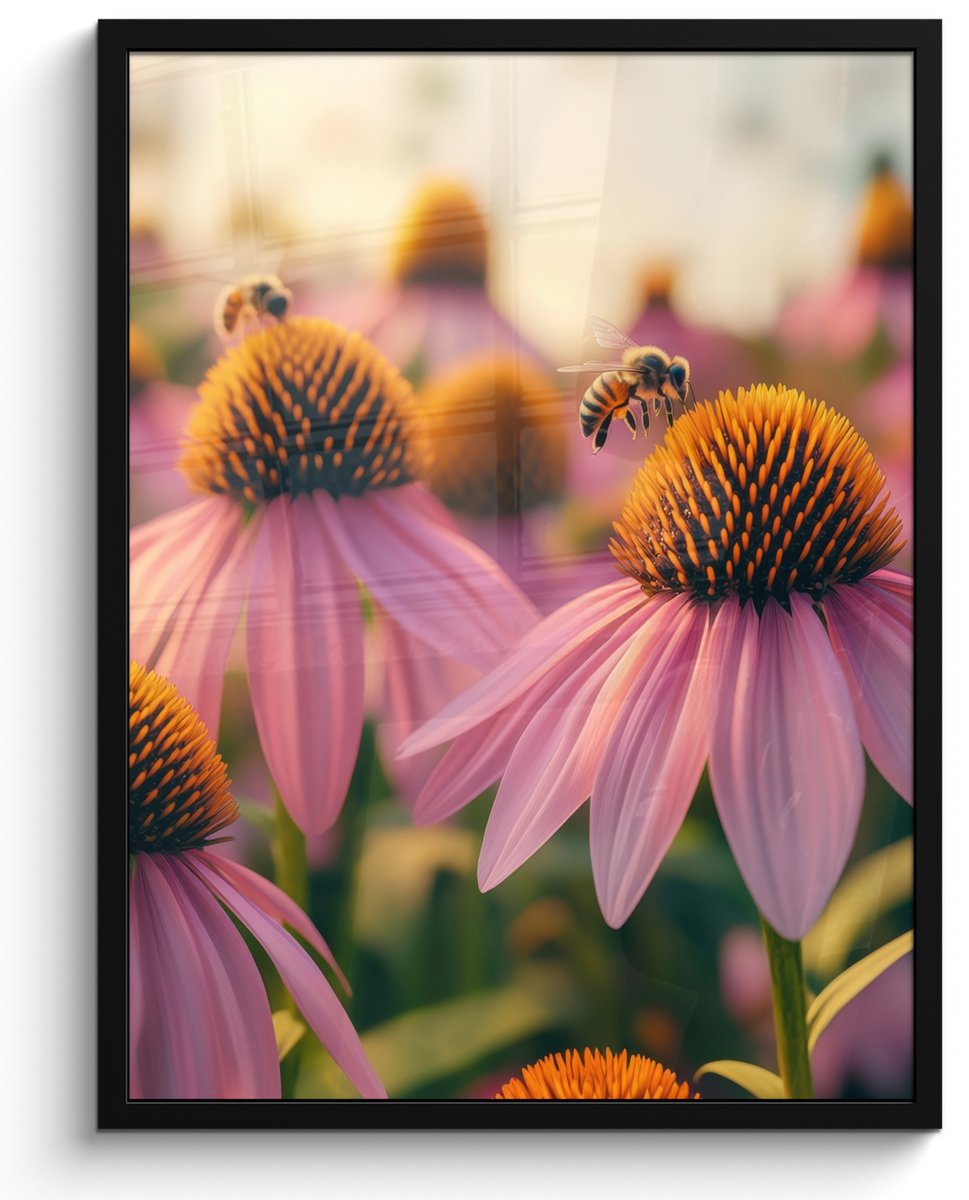 FrameYourWall Poster in lijst - Fotolijst 50x70 cm - Posters - Bloemen - Paars - Bijen - Posterlijst zwart - Decoratie - Wanddecoratie woonkamer - Muurdecoratie slaapkamer