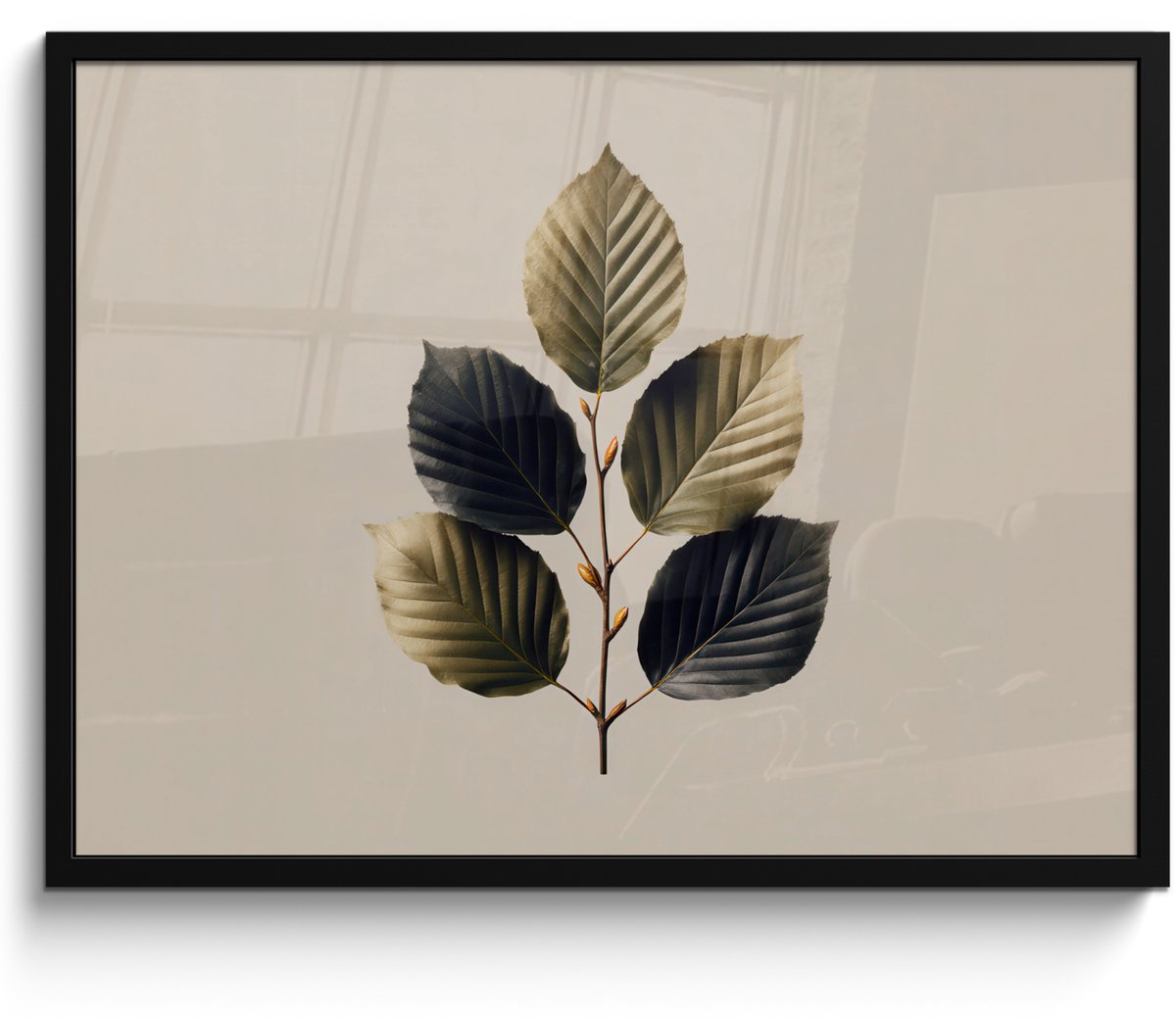 FrameYourWall Poster in lijst - Fotolijst 70x50 cm - Posters - Beukenbladeren - Bruin - Groen - neutraal - Posterlijst zwart - Decoratie - Wanddecoratie woonkamer - Muurdecoratie slaapkamer