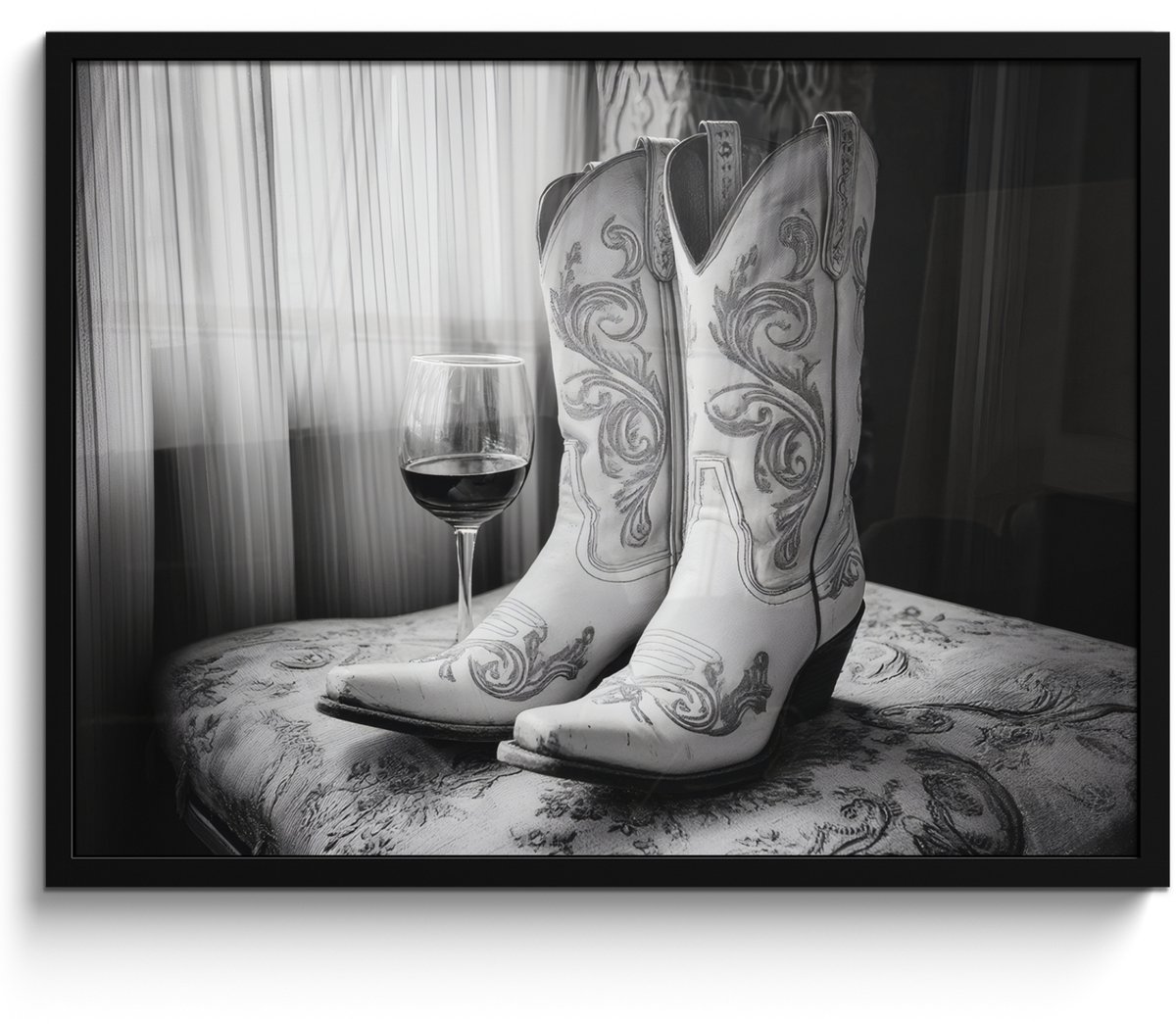 FrameYourWall Poster in lijst - Fotolijst 70x50 cm - Posters - Wijn - Cowboylaarzen - Raamlicht - Wit - Posterlijst zwart - Decoratie - Wanddecoratie woonkamer - Muurdecoratie slaapkamer Cowboylaarzen - Wijn