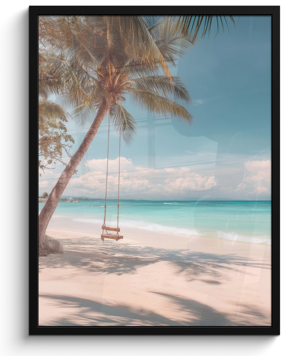 FrameYourWall Poster in lijst - Fotolijst 50x70 cm - Posters - Palmboom - Schommel - Strand - Lucht - Posterlijst zwart - Decoratie - Wanddecoratie woonkamer - Muurdecoratie slaapkamer