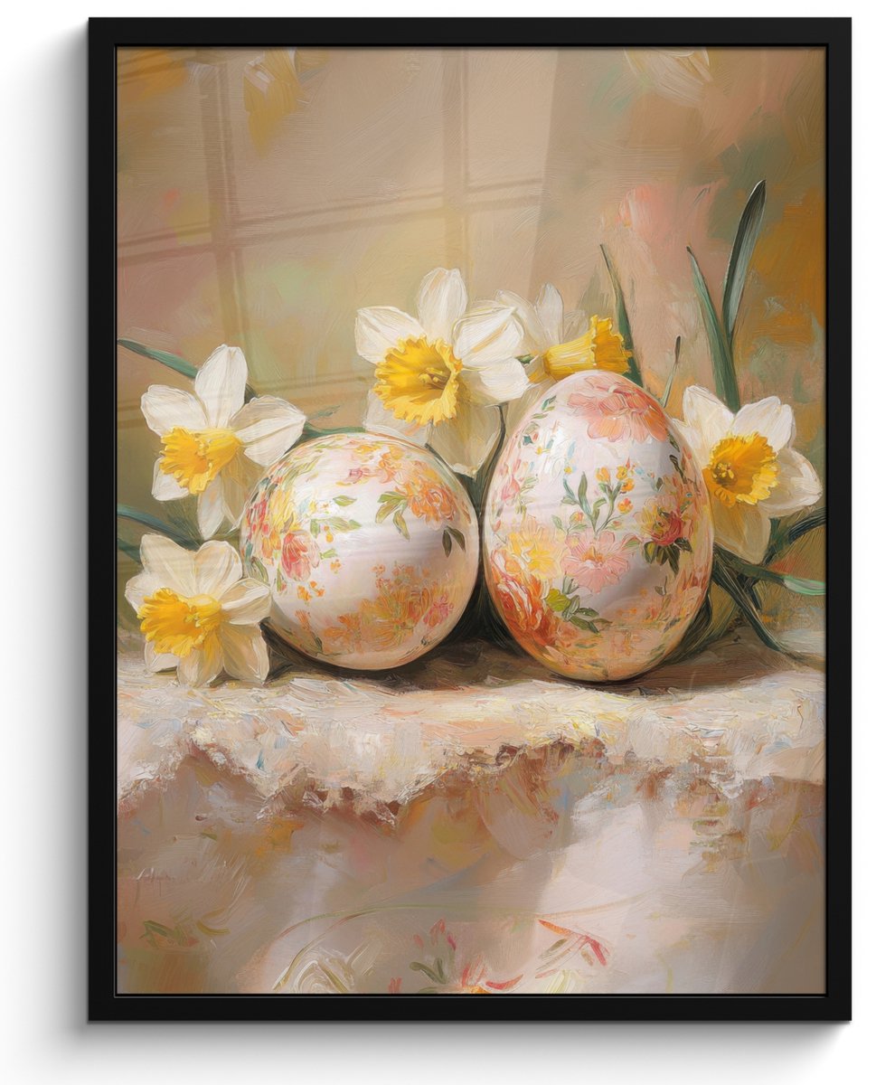 FrameYourWall Poster in lijst - Fotolijst 50x70 cm - Posters - Bloemen - Eieren - Geschilderd - Posterlijst zwart - Decoratie - Wanddecoratie woonkamer - Muurdecoratie slaapkamer Paaseieren - Vintage