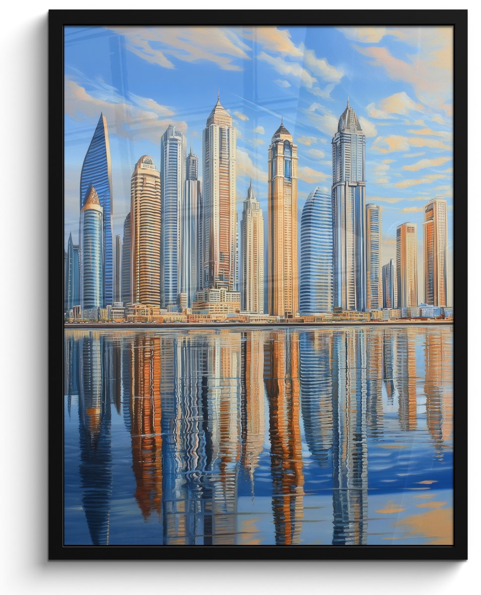 FrameYourWall Poster in lijst - Fotolijst 50x70 cm - Posters - Skyline - Wolkenkrabbers - Water - Blauw - Posterlijst zwart - Decoratie - Wanddecoratie woonkamer - Muurdecoratie slaapkamer