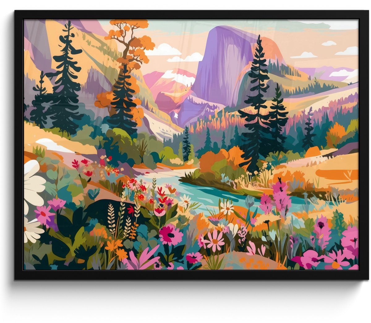 FrameYourWall Poster in lijst - Fotolijst 70x50 cm - Posters - Rivier - Vallei vol bloemen - Levendig - Posterlijst zwart - Decoratie - Wanddecoratie woonkamer - Muurdecoratie slaapkamer Landschap - Rivier - Bergen