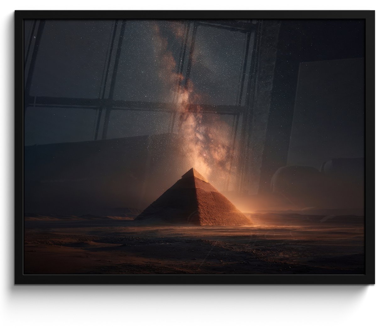 FrameYourWall Poster in lijst - Fotolijst 70x50 cm - Posters - Piramide - Woestijn - Licht - Posterlijst zwart - Decoratie - Wanddecoratie woonkamer - Muurdecoratie slaapkamer Piramide - Sterren