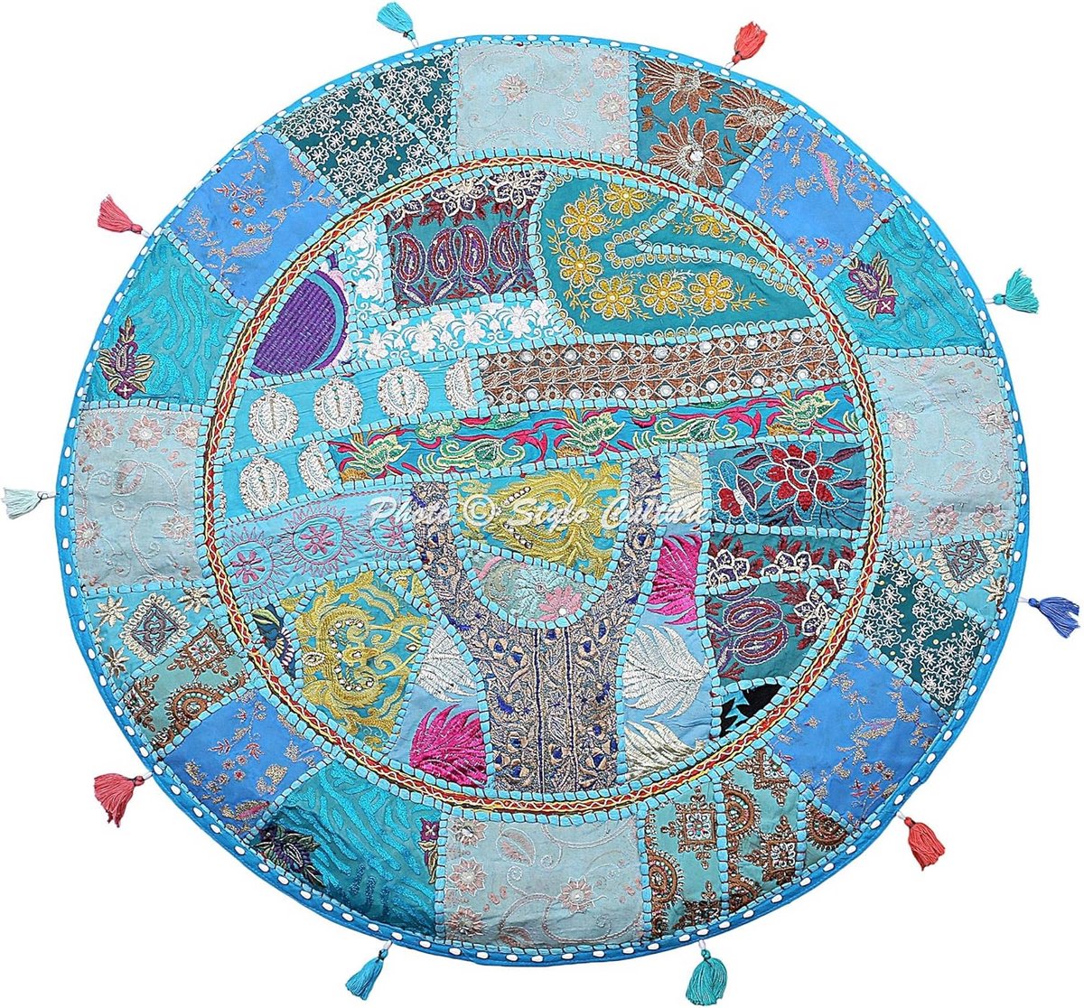 Bohemian Patchwork Vloerkussenhoes Turquoise Katoen Geborduurd Woonkamer 70x70 cm