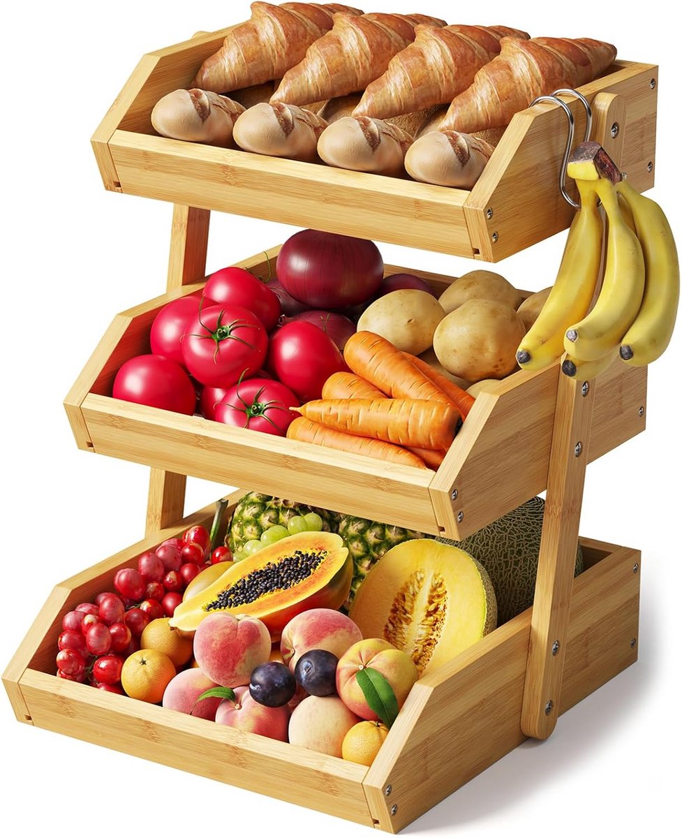 Fruitmand met 3 niveaus van Bamboe voor aanrecht – Duurzaam multifunctioneel opbergrek