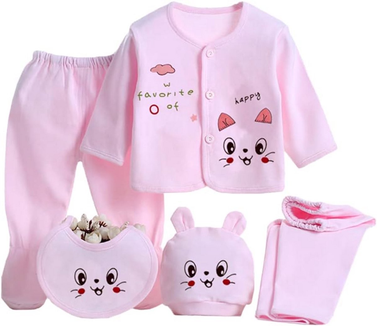 5-delige pasgeboren babyset – katoenen T-shirt, muts, broekje & playsuit voor jongens en meisjes