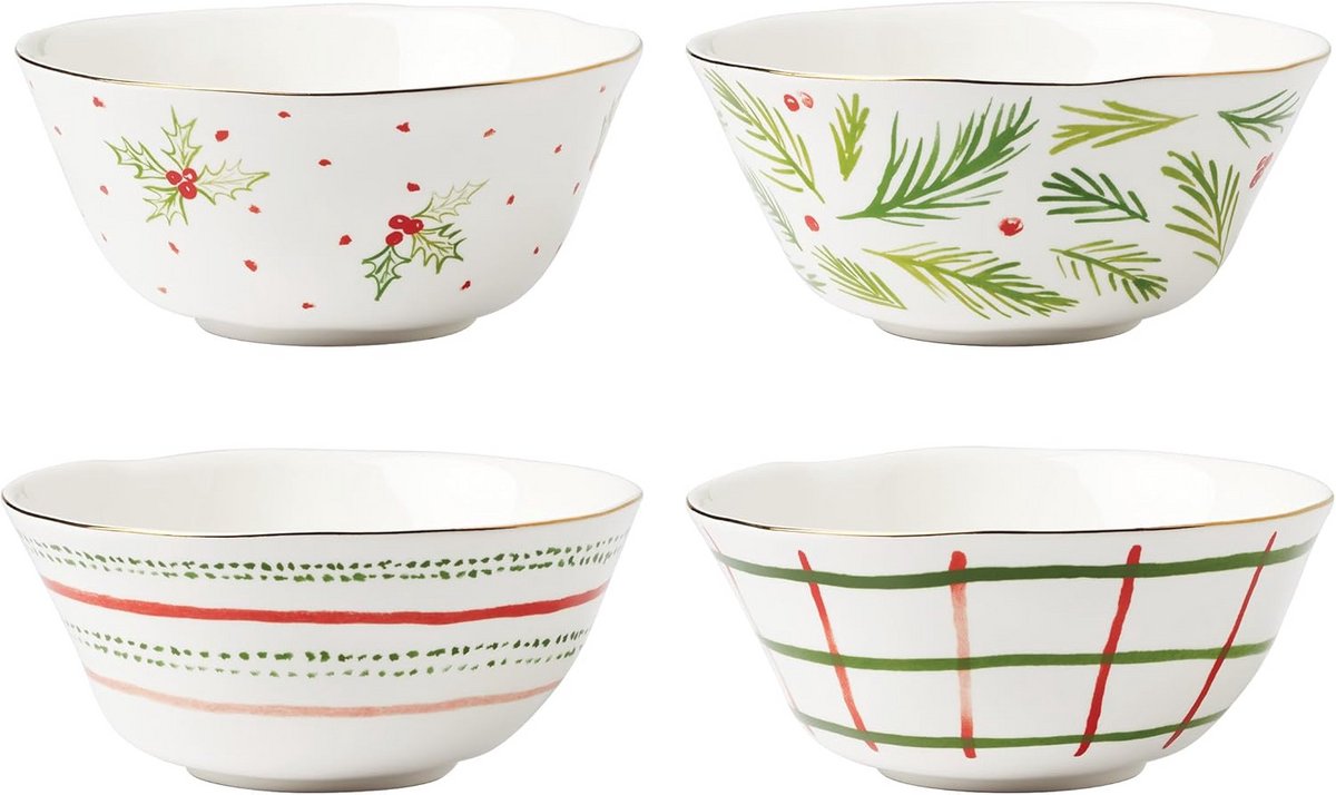 Set van 4 Porseleinen Kommetjes met Feestelijk Groen en Rood Design