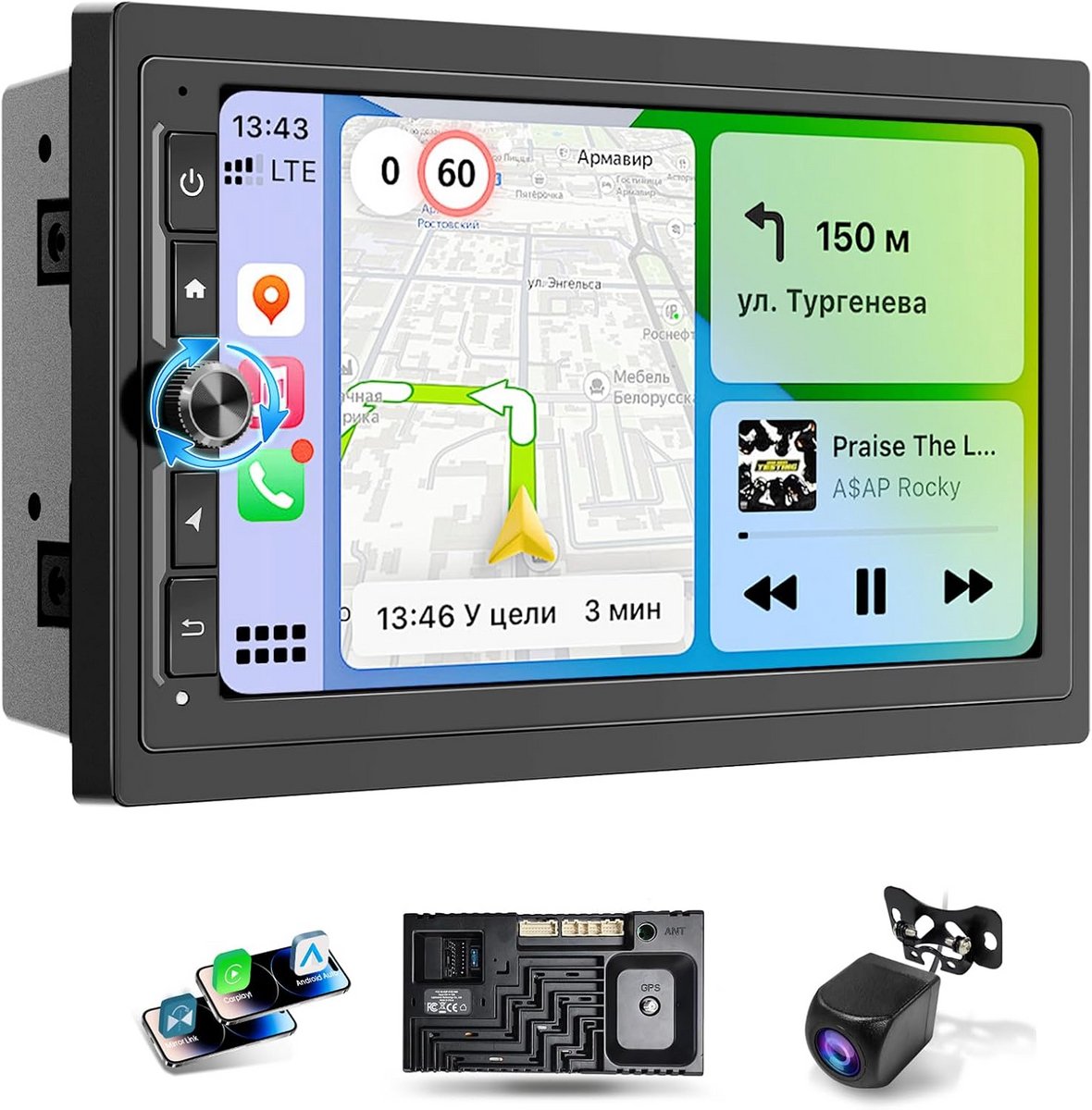 7 inch Android autoradio 2 DIN met Bluetooth, draadloos Android Auto en Carplay, touchscreen, GPS, FM/AM, RDS en achteruitrijcamera