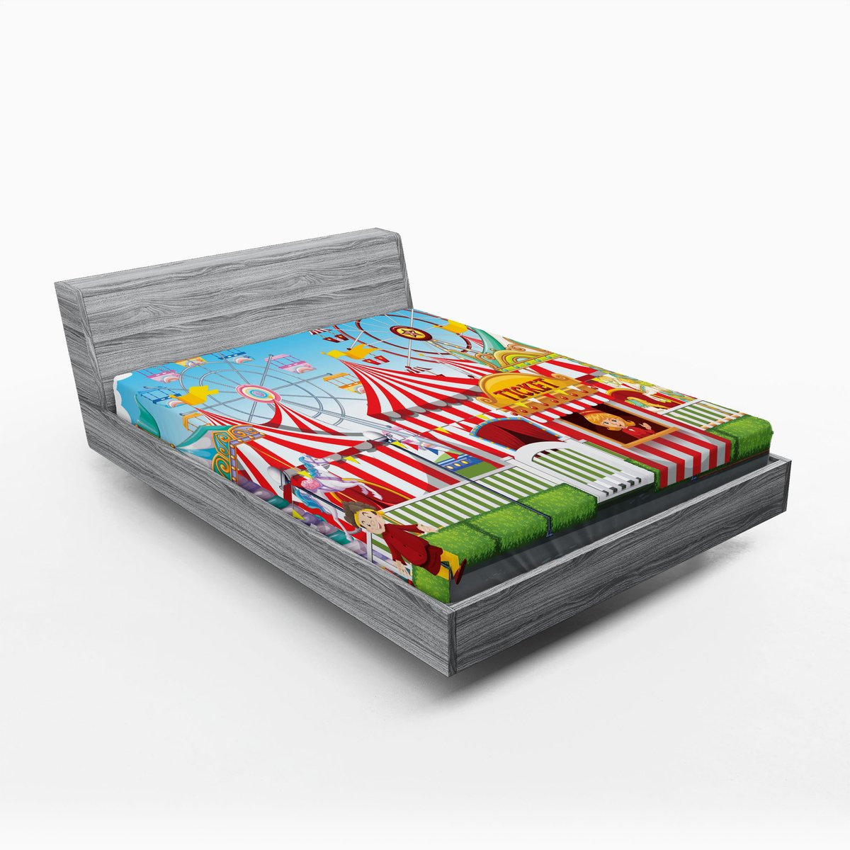 ABAKUHAUS Circus hoeslaken, kermis, vele attracties, zachte decoratieve stof, rondom elastisch, 140 cm x 200 cm, meerkleurig