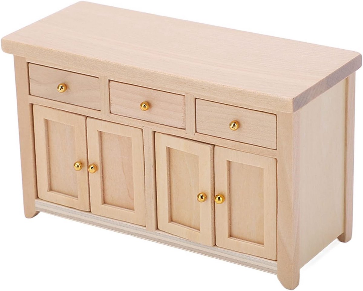 Houten Poppenhuis Kast 1:12 Schaal - Stijlvolle Woonkamer en Keuken Miniatuur Opbergmeubel
