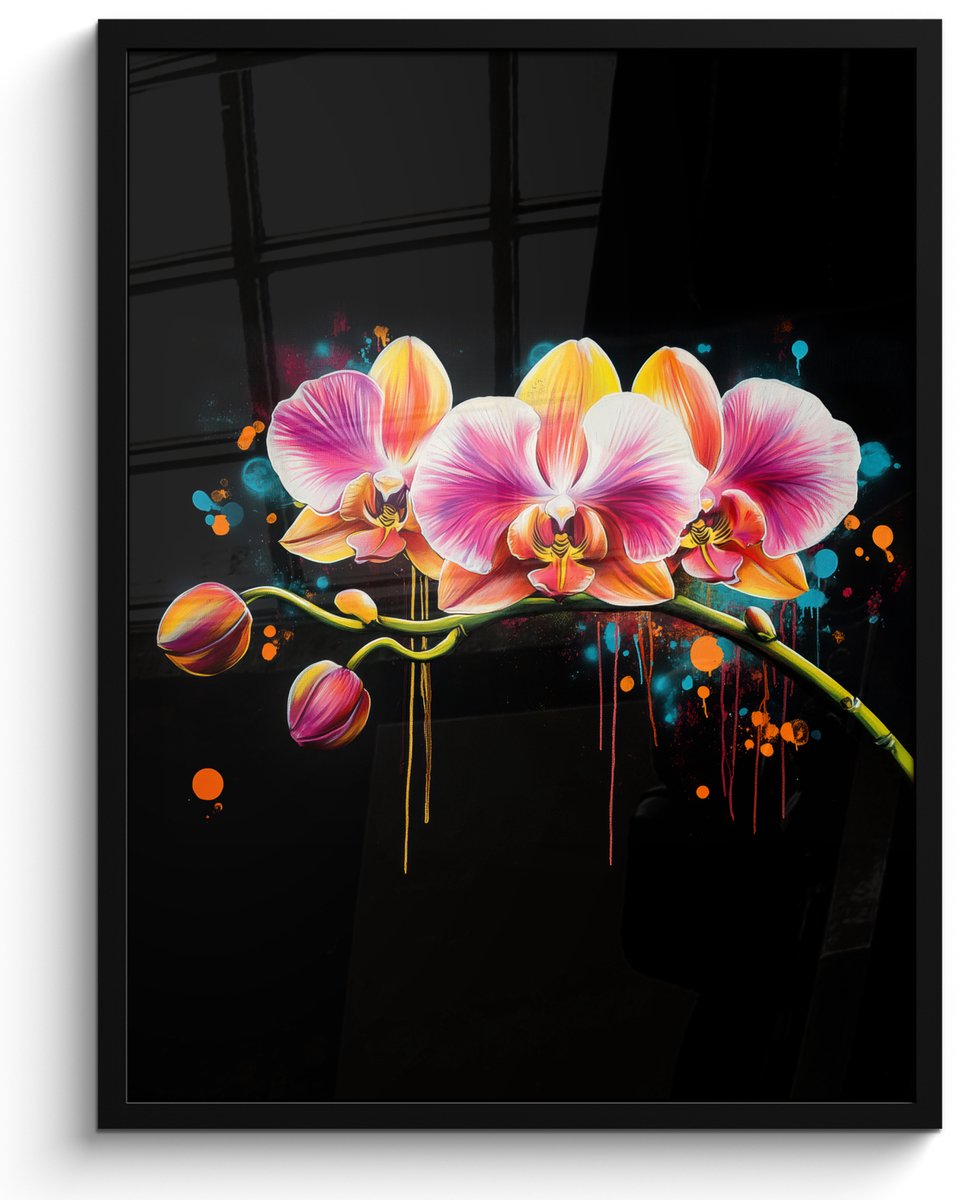 FrameYourWall Poster in lijst - Fotolijst 50x70 cm - Posters - Orchidee - Graffiti - Kleurrijk - Bloemen - Abstract - Posterlijst zwart - Decoratie - Wanddecoratie woonkamer - Muurdecoratie slaapkamer Graffiti - Orchidee