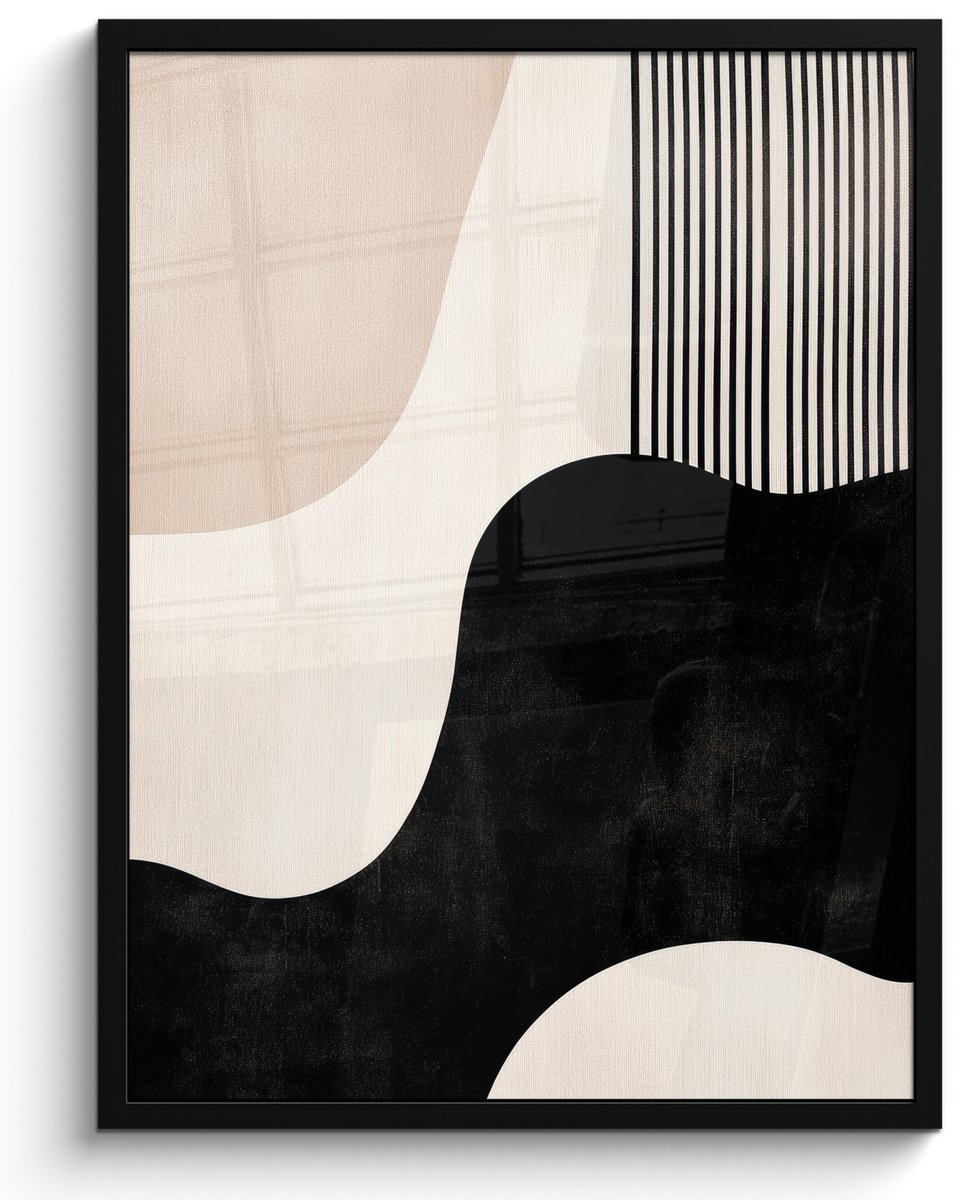 FrameYourWall Poster in lijst - Fotolijst 50x70 cm - Posters - Abstract - Japandi - Beige - Modern - Posterlijst zwart - Decoratie - Wanddecoratie woonkamer - Muurdecoratie slaapkamer