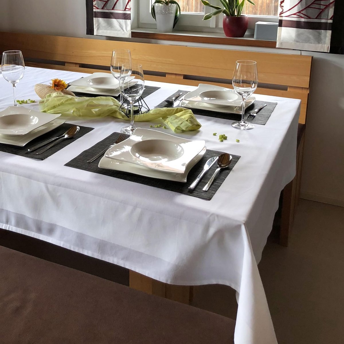 Damast Tafelkleed Katoen Atlasrand Vierkant Wit - 240x240 cm