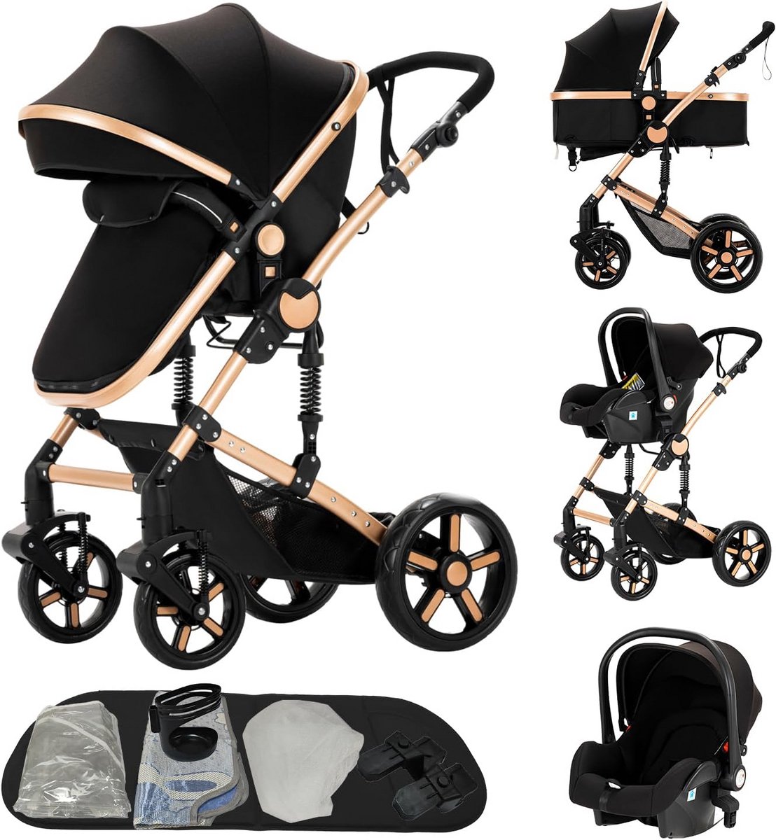 3-in-1 Kinderwagen Set met Dubbele Duw-Modus & Omkeerbare Zit, Inclusief Wieg voor Pasgeborenen