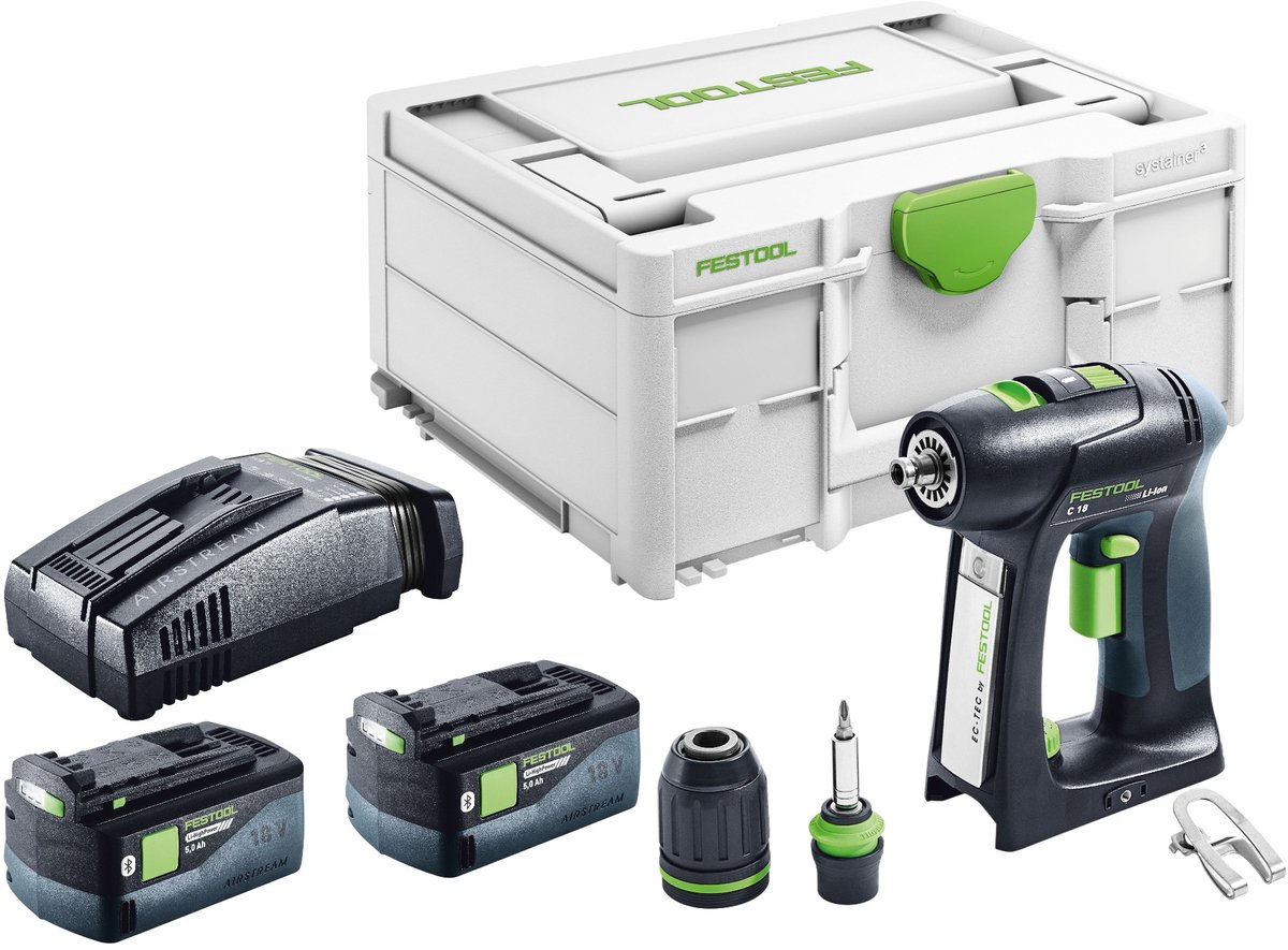 Festool C 18-Basic accuboormachine 18 V 45 Nm borstelloos + 2x accu 5,0 Ah + snellader + Systainer