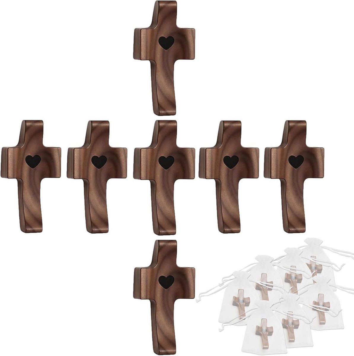 Houten Kruisjes - Duimkruis Gebedskruis - Spirituele Steun - Hartvormig Design - 7 stuks - Bruin