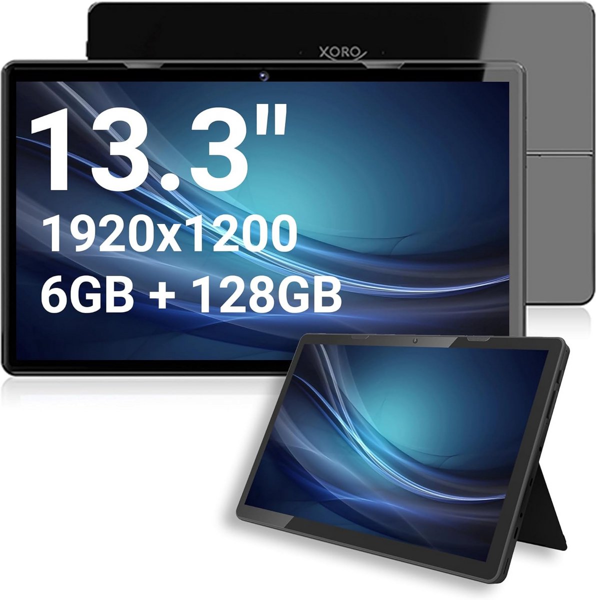 13,3 inch MegaPAD 1333 Pro tablet met FullHD IPS-display, Android 13, 10.000 mAh accu, 2,0 GHz 64bit OctaCore processor, 6 GB RAM, 128 GB opslag, 5G WiFi, Bluetooth, micro-SD kaartlezer, 5 MP camera en USB-C