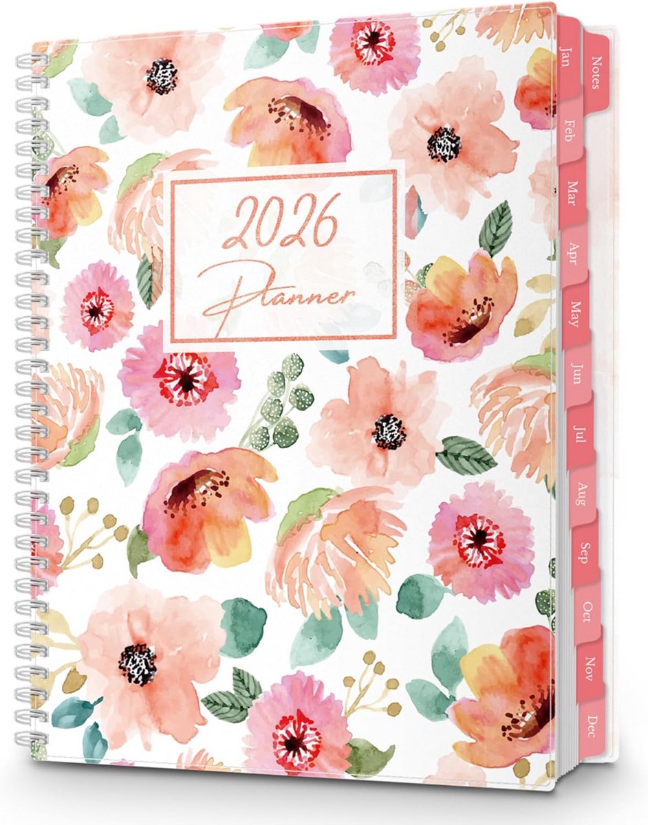 Grote Planner 2025-2026 8 x 11 inch - Wekelijks Formaat met Maandtabbladen, Stickers en Bladwijzer - Bloemen Ontwerp - Juli 2025 t/m Juni 2026