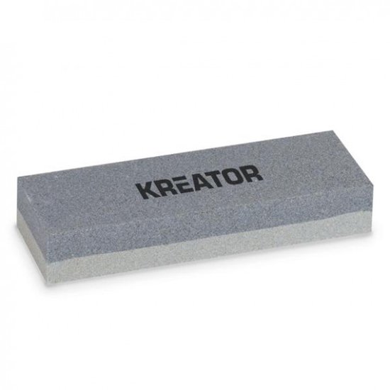Rechthoekige Kreator slijpsteen met twee grijstinten en merknaam.