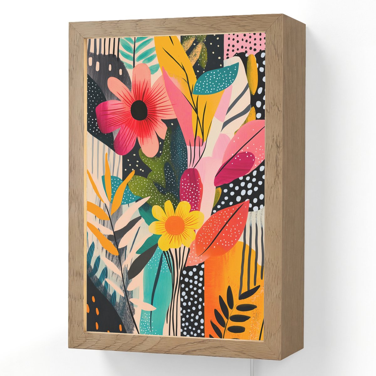 Wandlamp 20x30 cm - Oplaadbaar - Schilderij - Abstract - Bloemen - Roze - Wandlampen binne