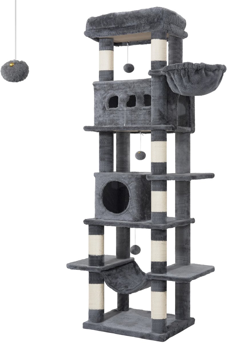 NordHaus Kattenboom 170 cm - Krabpaal & Kat Klimmeubel - 8 Sisal Palen - Multi-Level Toren voor Meerdere Katten - Donkergrijs