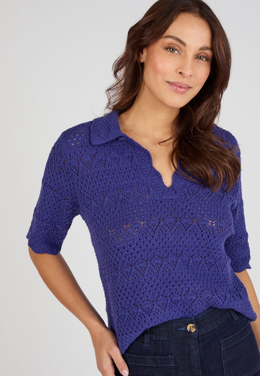 Damart - Trui polokraag opengewerkt tricot - Dames - Blauw - L