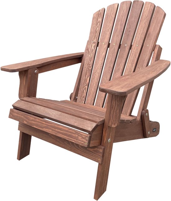 Bruine houten Adirondack stoel met hoge rugleuning en armleuningen, op een witte achtergrond.