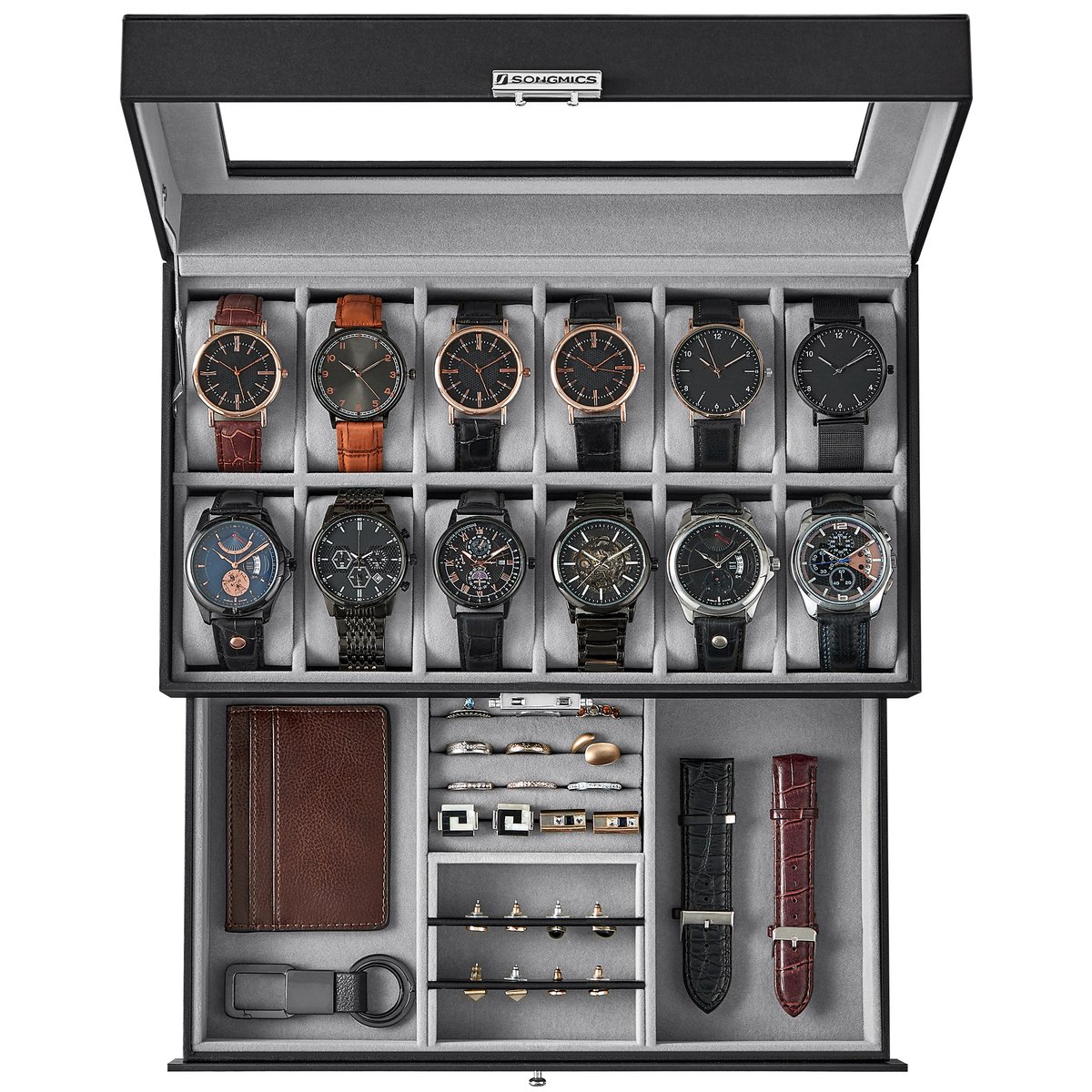 SONGMICS JWB012G01V1 - horlogebox met Glazen Deksel - 2-Lagen Sieradendoos - 12 Horloges - Afsluitbaar met Lade