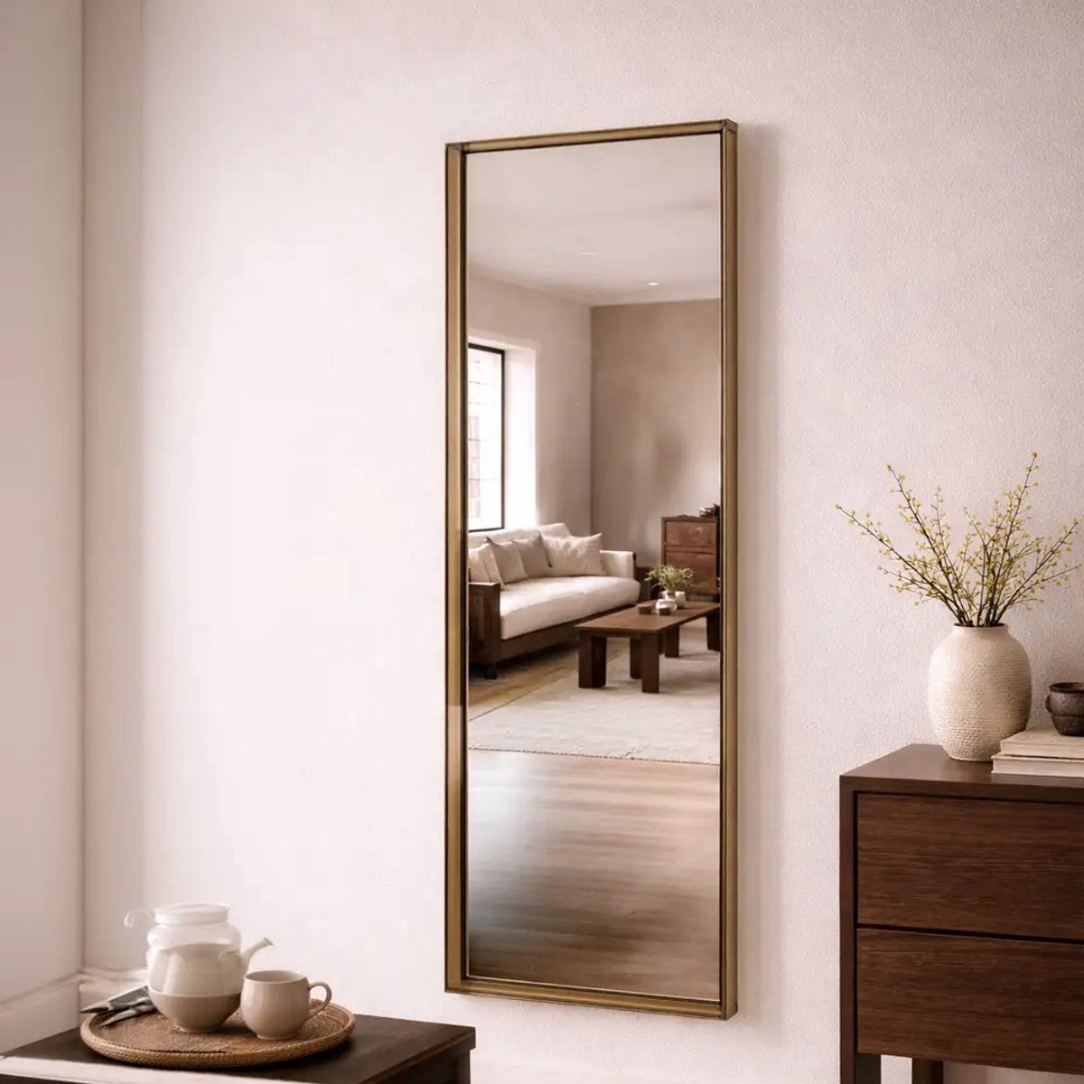 Wandspiegel Rechthoek met Plexiglas 40x135cm Bruin - Passpiegel Bruin - Passpiegel hangend