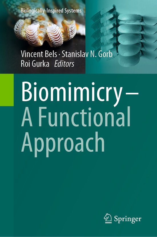 Couverture de livre 'Biomimicry – A Functional Approach' avec des images de coquillages et un matériau structuré, et le texte 'Biologically-Inspired Systems' et 'Springer'.