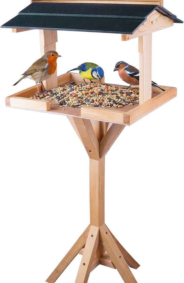 Vogelvoedertafel - Voederhuisje Tuinvogels - Wilde Vogels Voeren - Vrijstaand met Dak - 42x42x115 cm - Natuurlijk Hout Groen