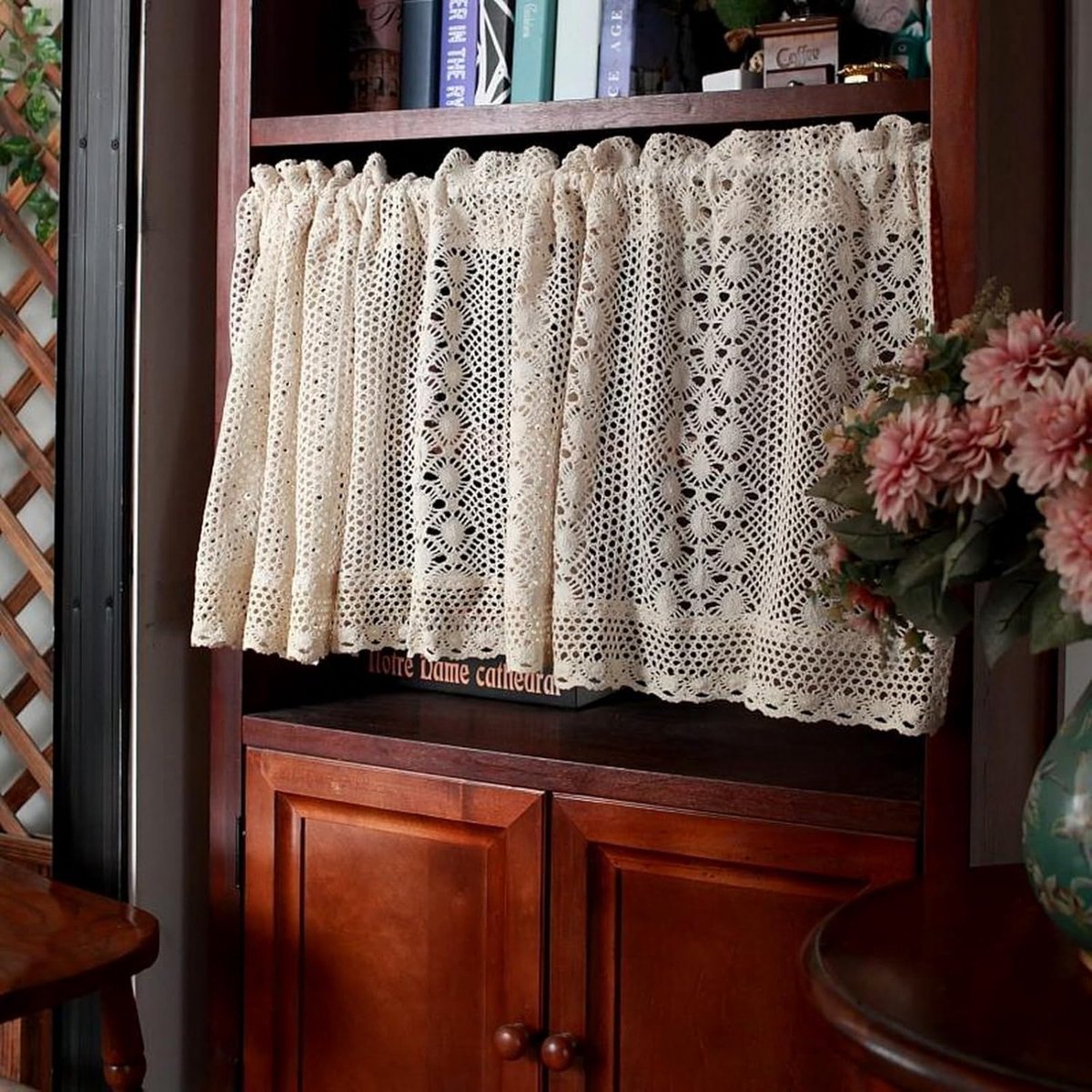 Bohemian Boho Korte Gordijnen Beige Katoen Haakwerk Vitrage voor Keuken of Slaapkamer