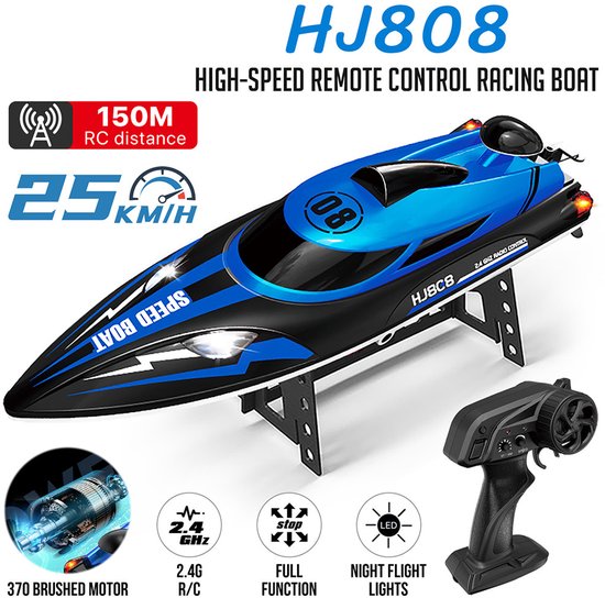 Bateau télécommandé RC 35 km/h, 2,4 GHz portée 200 m, rapide étanche avec LED et fonction Flip, 2 batteries, refroidissement - Jeux - Jouets