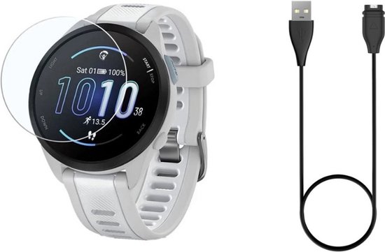 Wit Garmin Forerunner 165 smartwatch met schermprotector en een zwarte USB-oplaadkabel.