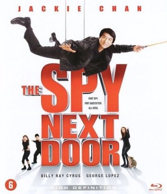 Jackie Chan in de lucht, "The Spy Next Door" logo met kleine figuren.