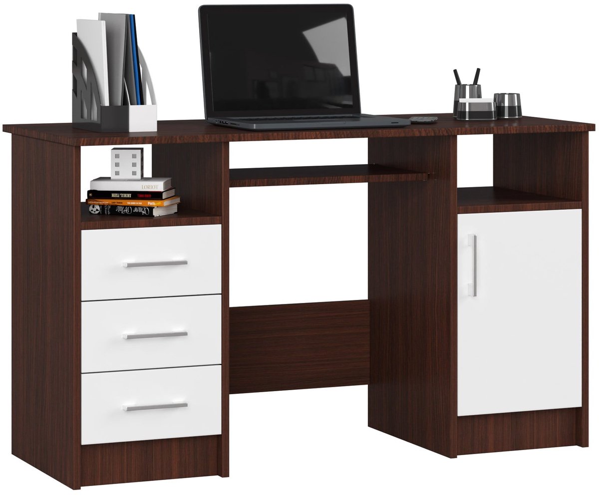 Bureau ANA met 3 Laden / Computerbureau / Computer Tafel / Bureautafel / Venge - Wit / 124 x 77 x 52 cm