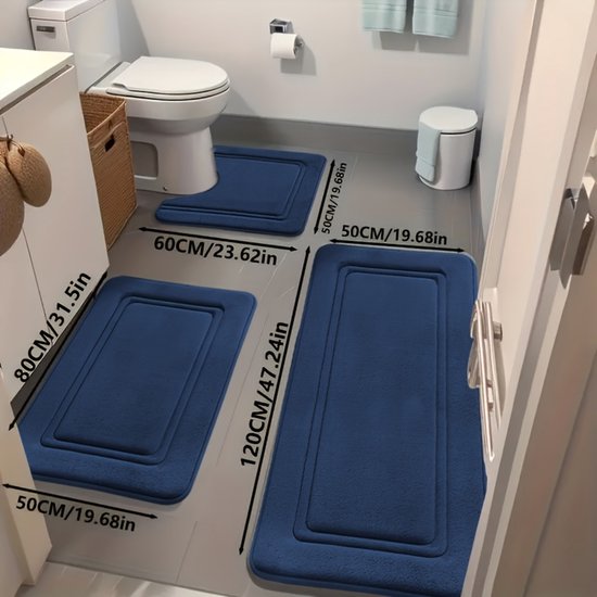 Set van 3 ultra-absorberende badmatten | Antislip polyester badmatten voor bad en douche - comfortabel en zacht - decoratieve vloermatten van Aijing - Donkerblauw