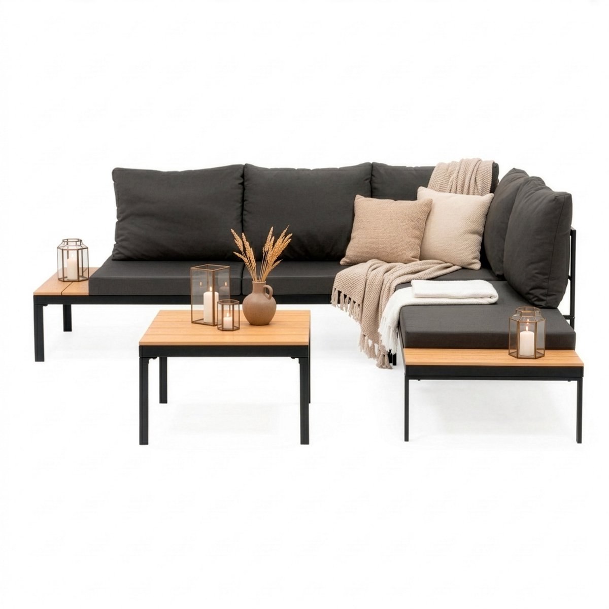 Springos Tuinmeubelset - Loungeset - Tuinmeubilair - Bank - Stoelen - Tafel - Kussens - Zwart - Bruin - Staal - Hout - 150 Kg