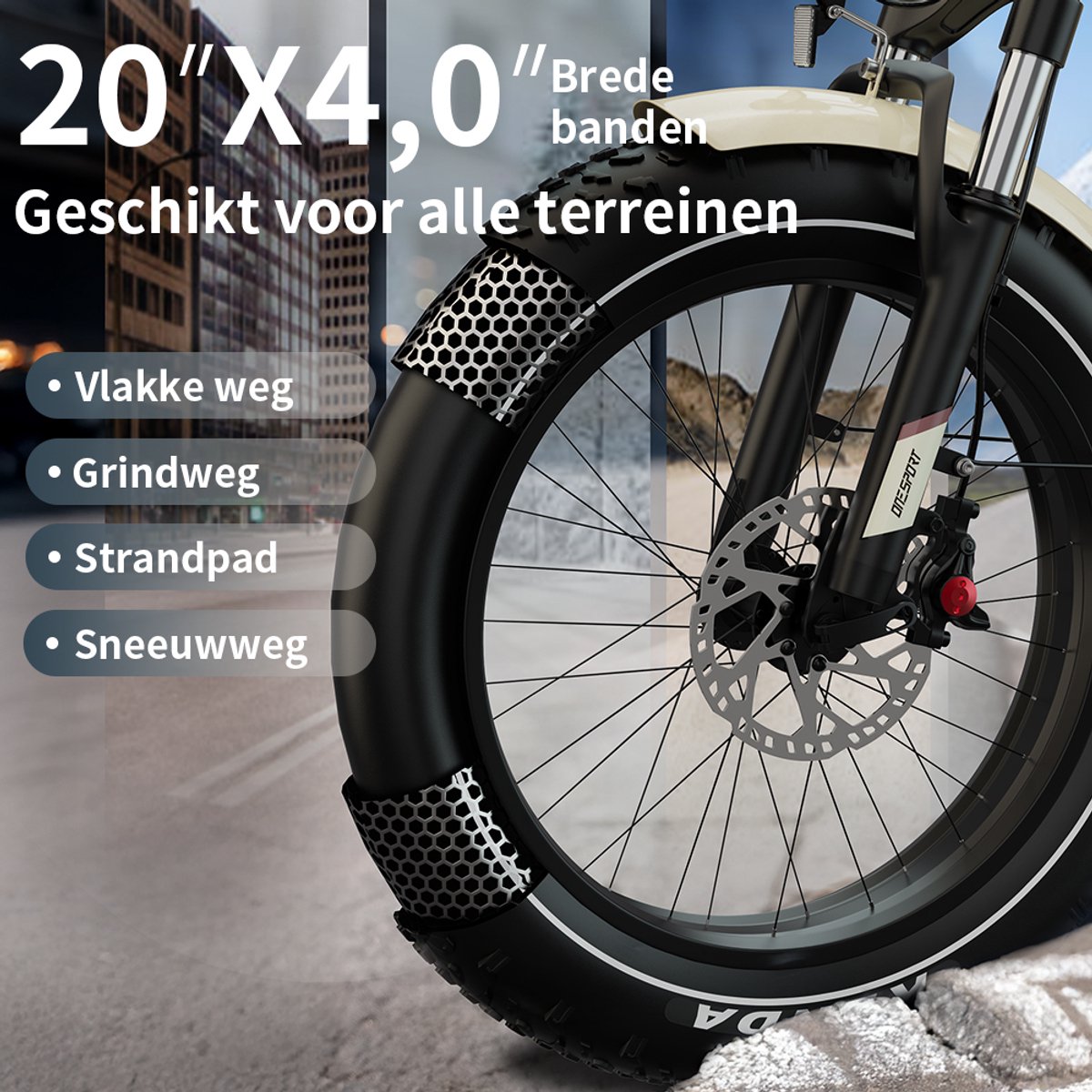 ONESPORT OT16Max Opvouwbare Elektrische Fiets – 864Wh Accu – Actieradius tot 120 km –20×4.0 Inch Fatbike – Aluminium Lage Instapframe – Shimano 7 Versnellingen – Hydraulische Schijfremmen – Max. Belasting 120 kg – Stads E-bike – Crèmewit – foto 5
