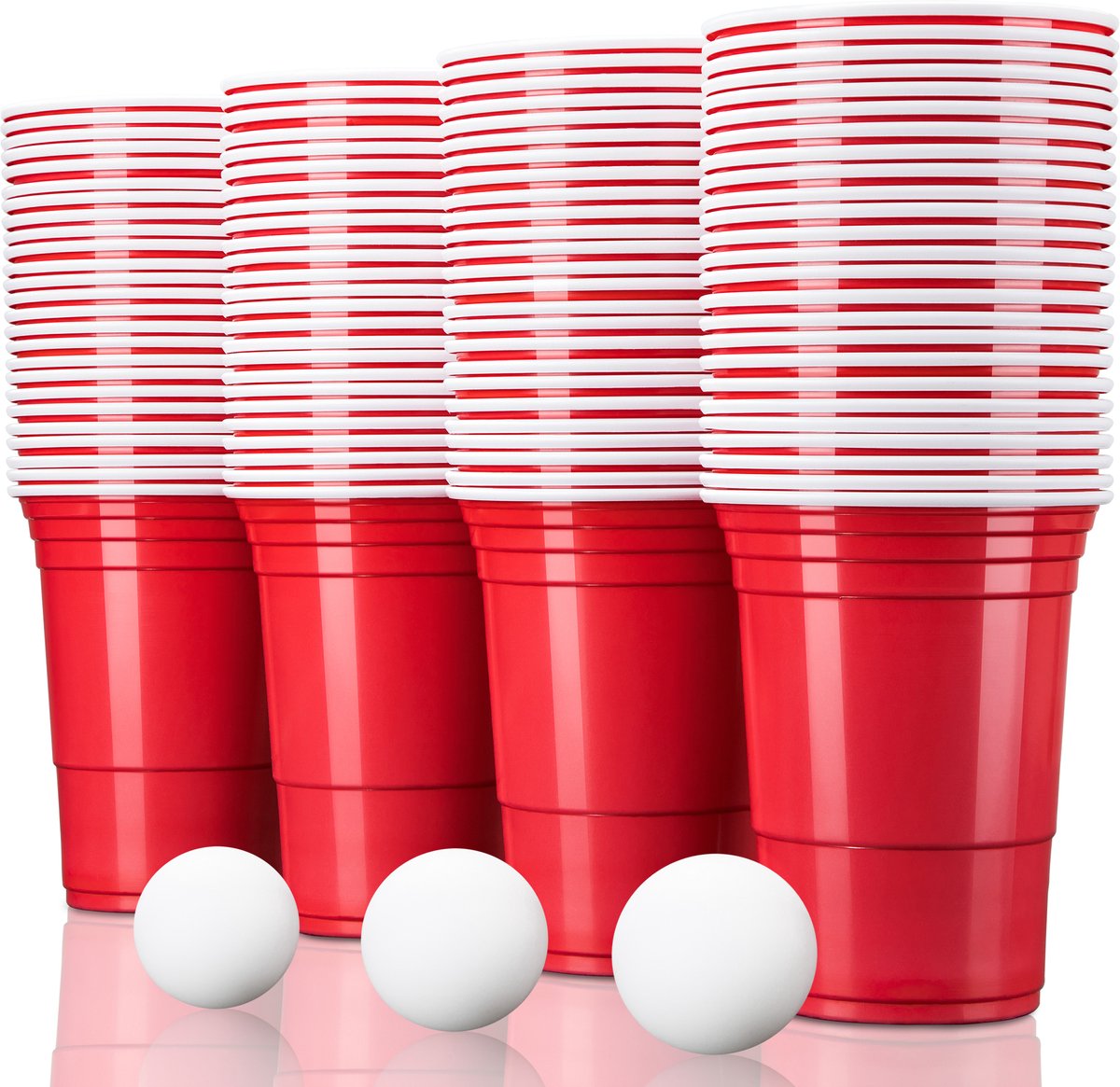 TRESKO 50 Beer Pong Bekers met 6 ballen Herbruikbaar | Partybekers 473ml - 16oz | Bierpong, Red Cups Extra Sterk | Plastic Bekers Rood