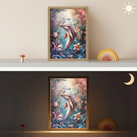 Nachtlampje 30x40 cm - Kinder lamp - Dolfijn - Vissen - Onderwaterwereld - Bloemen - Tafellamp kinderkamer draadloos - Slaapkamer lampje - Bedlamp kinderen - Kinderlampje - Wandlamp babykamer - Nachtlampjes van Merkloos — afbeelding 4