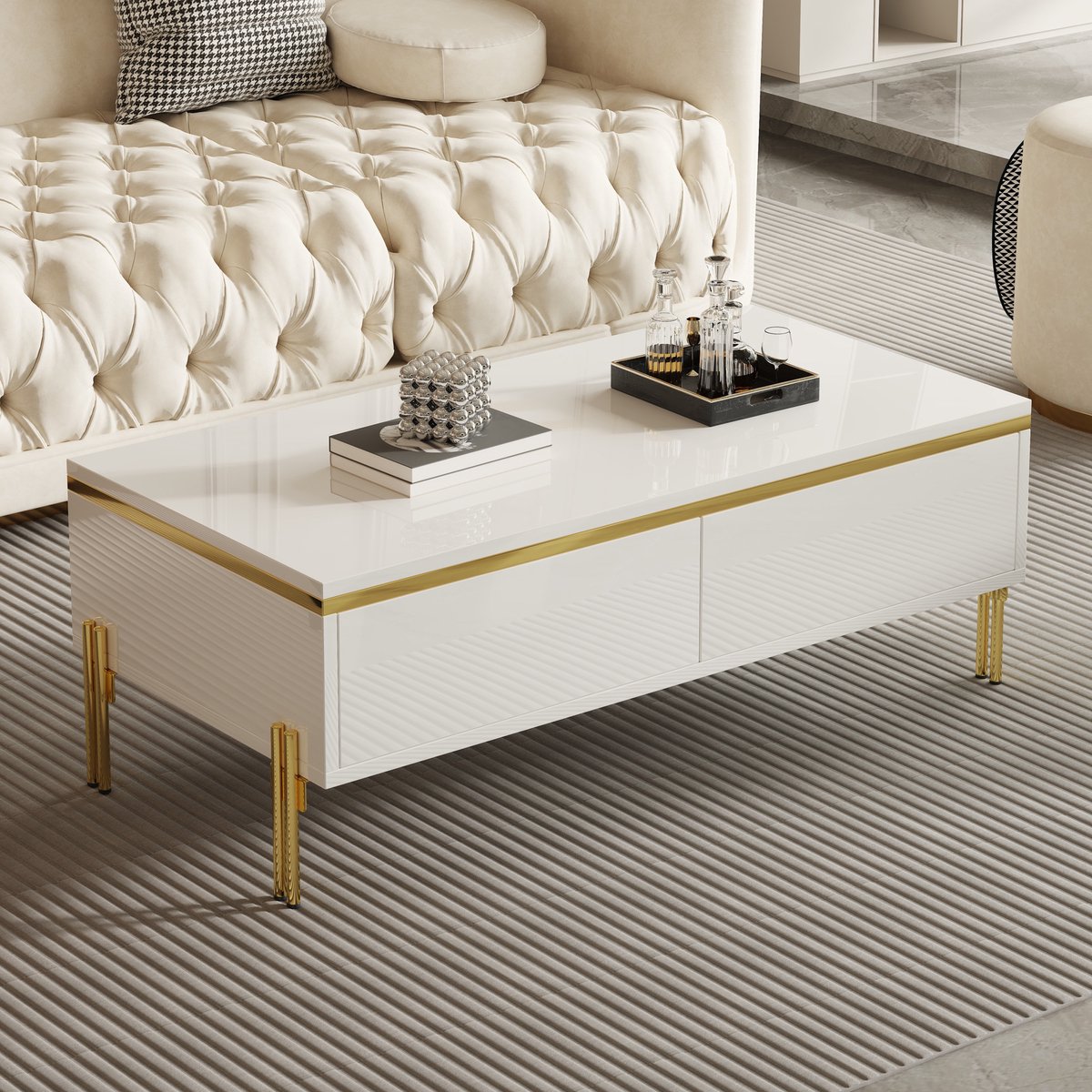 HAUSS SPOLE Salontafel - Hoogglans Met Dubbele Lade - Modern Voor Woonkamer - Spaanplaat Wit Met Goud - 100x50x36 Cm