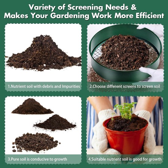 4-in-1 Tuinzeef Set - met 4 Verwisselbare Zeefinserts - 30 cm Rond Metaal Zeef - Mazen 3mm/6mm/9mm/12mm - Grondzeef - Zandzeef - Compostzeef - Grondzeef voor in de tuin - Inclusief Gardenschop en Handschoenen - Voor Aarde, Compost en Zand van Merkloos	 — afbeelding 2