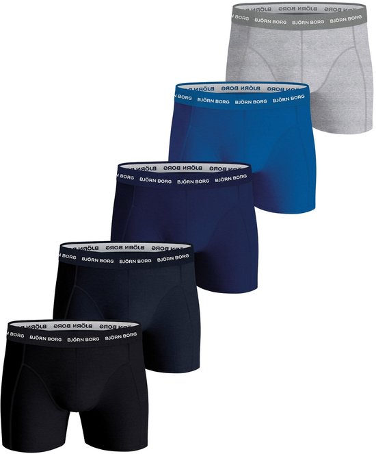 Vijf boxershorts: zwart, donkerblauw, navy, blauw, grijs.