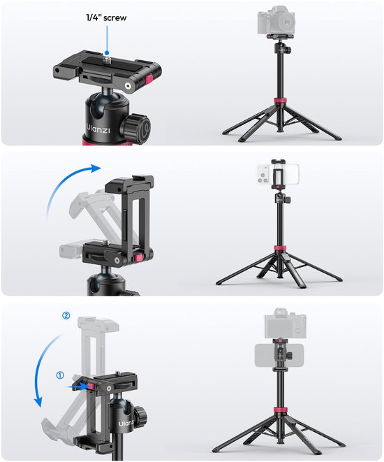 Drie panelen tonen statief met camera, verstelbare telefoonhouder en instelbare montage.