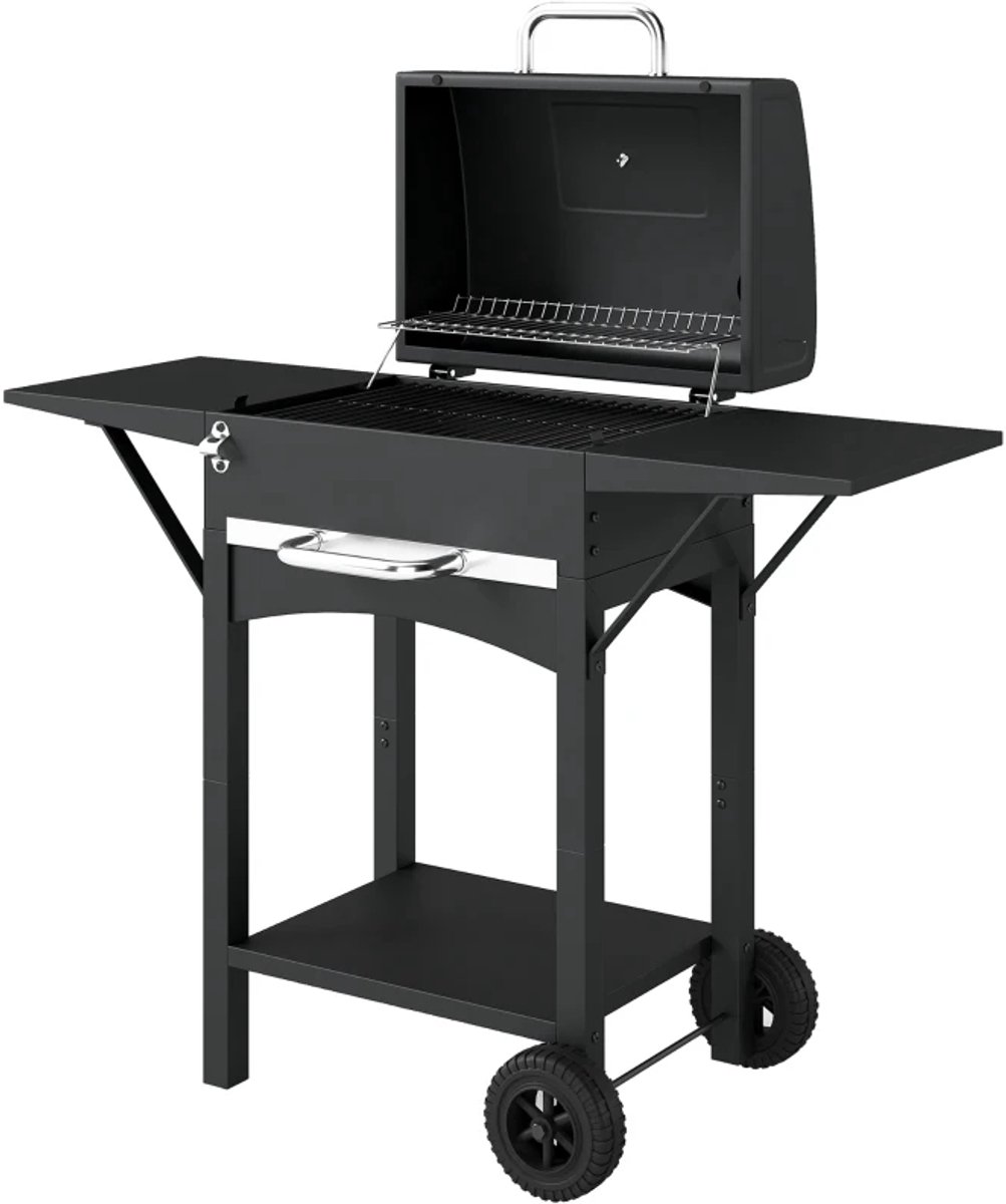 Premie Houtskool Barbecue - Smoker Barbecue - Barbecuegrill - Grillwagen - Houtskoolgrill met 2 Bijzettafels, Groot Grilloppervlak, Deksel, Thermometer, Planken - Verplaatsbaar - BBQ voor buiten, tuin - Zwart
